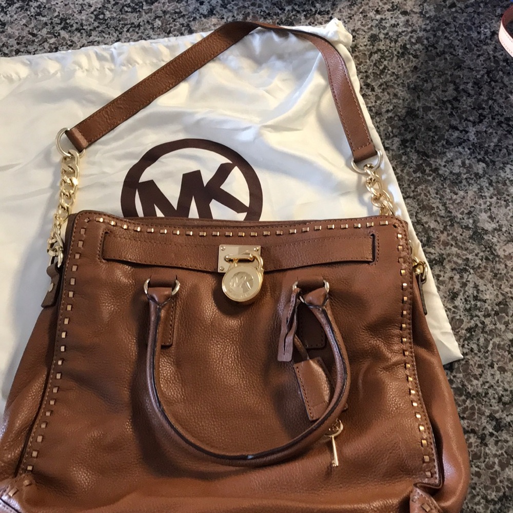 Michael Kors Brown Leather Convertible Crossbody Satchel with Gold Hardware